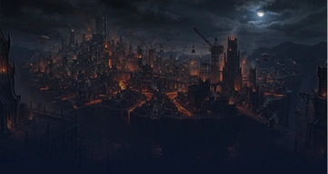 Een duistere, industriële fantasy-stad gebouwd op kliffen met stromende rivieren van gloeiende lava