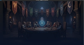 Een vergadering van een fantasy-raad rond een grote ronde tafel met een zwevende, oplichtende magische bol in het midden