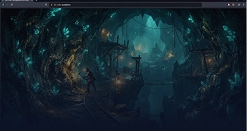 Een diepe fantasy-mijn met oplichtende blauwe kristallen, een mijnwerker en een houten hangbrug