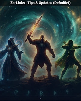 Drie fantasy-helden, een magiër, een krijger met een gloeiend zwaard en een boogschutter, tegen een kosmische achtergrond