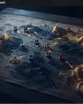 Een gedetailleerde fantasy-strategiekaart op een tafel met speelfiguren en verlichte routes
