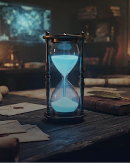 Een klassieke zandloper met oplichtend blauw zand op een houten tafel met brieven en boekrollen