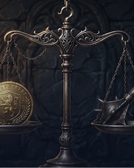 Een oude metalen weegschaal die een gouden munt met een leeuw en een ijzeren strijdknots in balans houdt